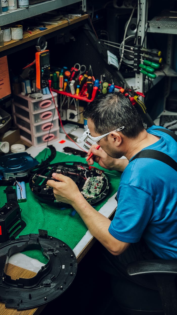 Focused technician repairs electronic device in a cluttered workshop environment.