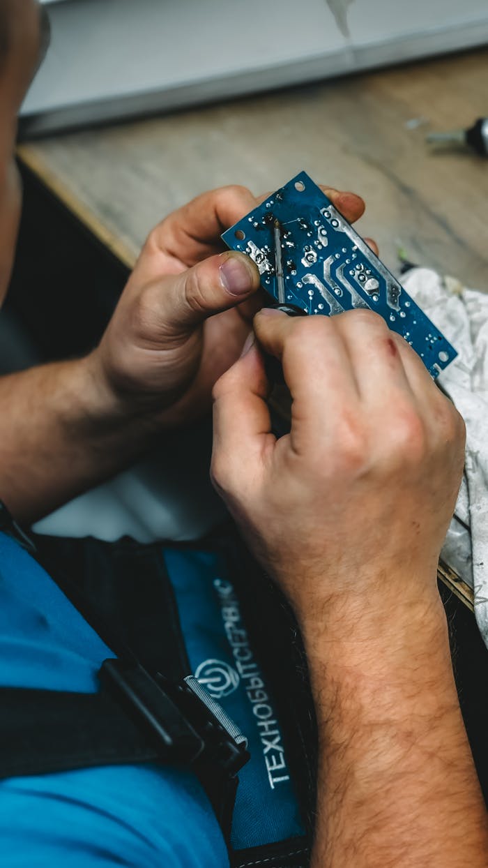 Focused technician repairing a circuit board with precision tools on a workbench.